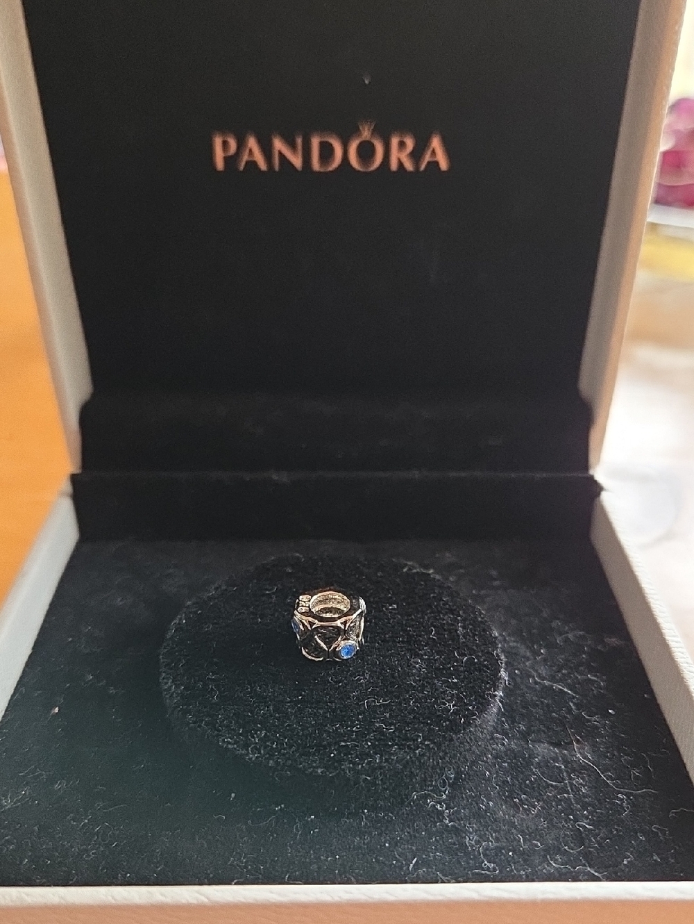 Rare & Retired Pandora Sterling Silver Infinity Charm w Blue Topaz & 14K Gold